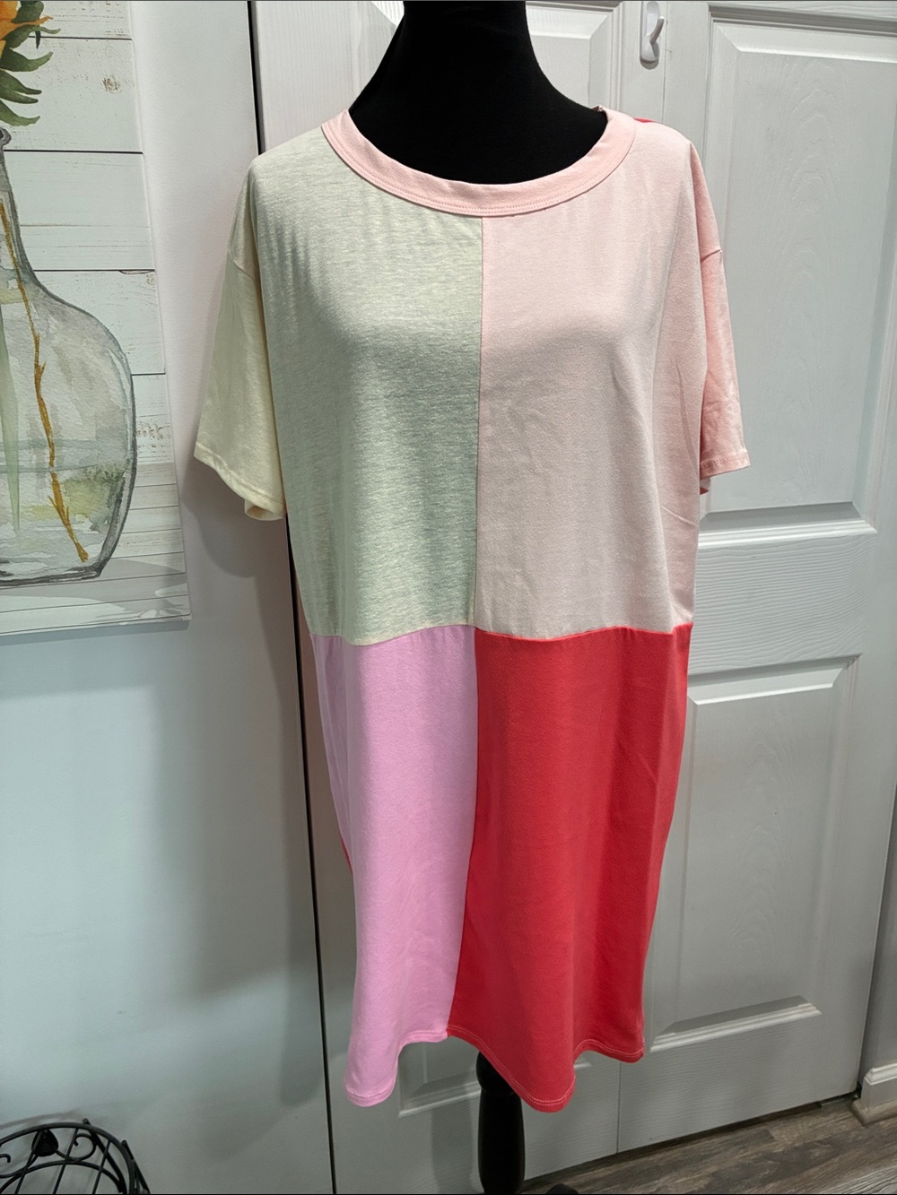 BiBi Colorblock Short Sleeve Midi Dress Cream, Pink, Red